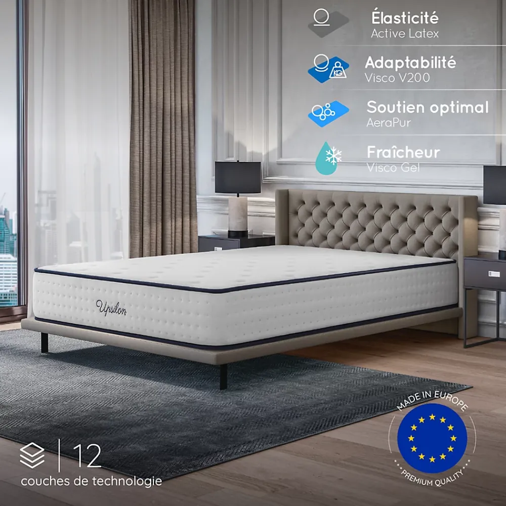 Cosmos Matelas 140x200 - Épais 32 cm - Mousse mémoire de forme - Blue Latex - Confort Ferme - 7 zones - Réversible - Durable - Upsilon* Matelas