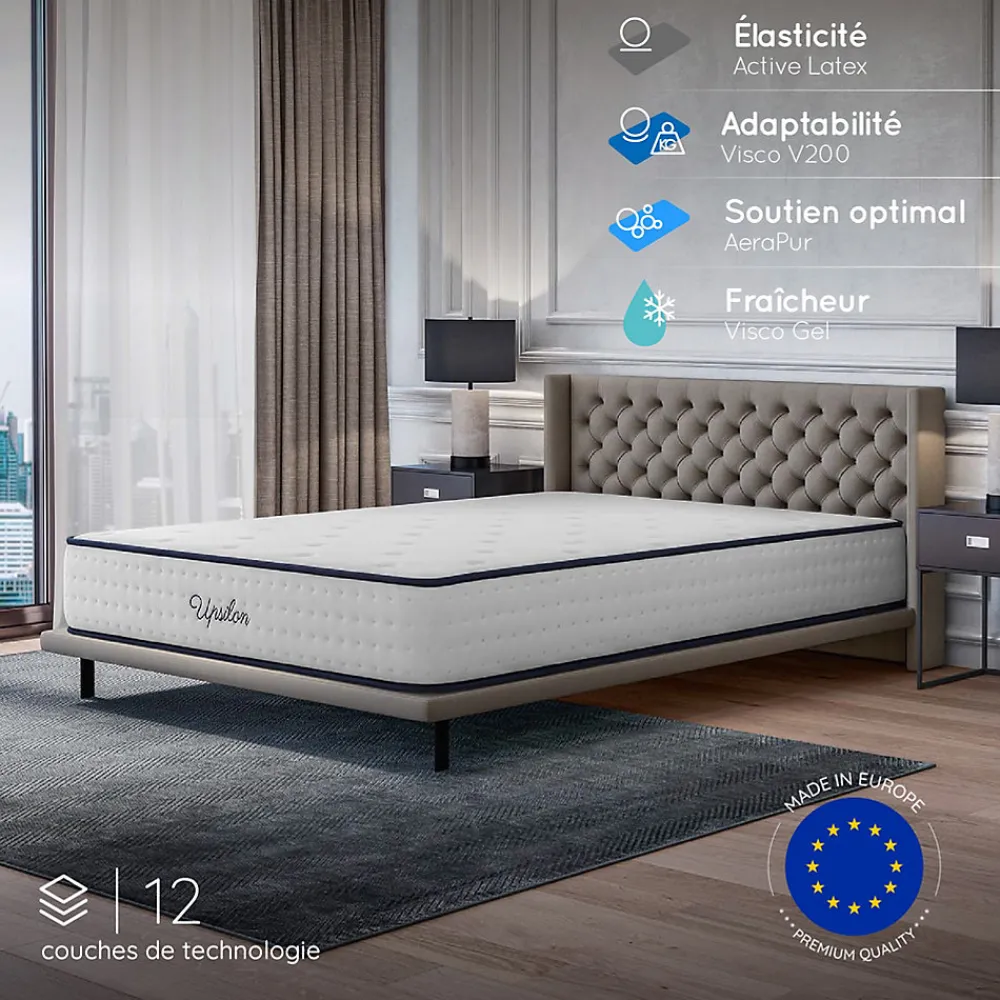 Matelas 160x200 - Épais 30 cm - Mousse mémoire de forme - Blue Latex - Confort Ferme - 7 zones - Réversible - Durable - Upsilon>Cosmos