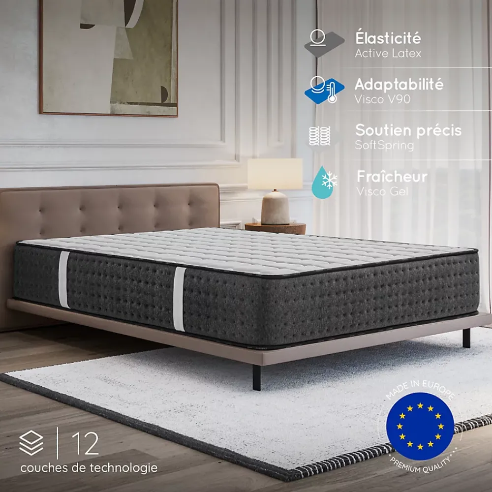 Cosmos Matelas 160x200 Hybride - Mousse HR - Ressorts ensachés - 30 cm - Réversible - Couchage Indépendant - Blue Latex 7 zones - Equinox* Matelas