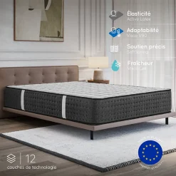 Matelas 140x190 Hybride - Mousse HR - Ressorts ensachés - 30 cm - Réversible - Couchage Indépendant - Blue Latex 7 zones - Equinox>Cosmos Discount
