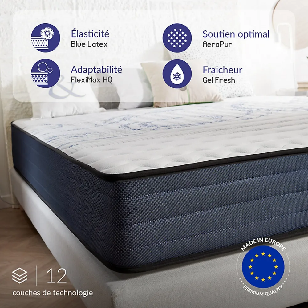 Matelas 160x200 mémoire de forme - Épaisseur 21 cm - Blue Latex - 7 zones de confort - Hypoallergénique - Durable - Perfect Dream>Naturalex Hot