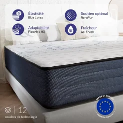 Naturalex Matelas 140x200 mémoire de forme - Épaisseur 24 cm - Blue Latex - 7 zones - Hypoallergénique - Mi-Ferme - Durable - Perfect Dream* Matelas