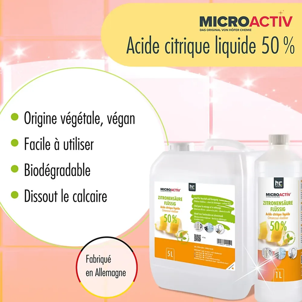 Höfer Chemie Microactiv Acide Citrique Liquide 50% Détartrant Polyvalent 2 x 5 L, Et Économique* Nettoyant Pour Cuisine