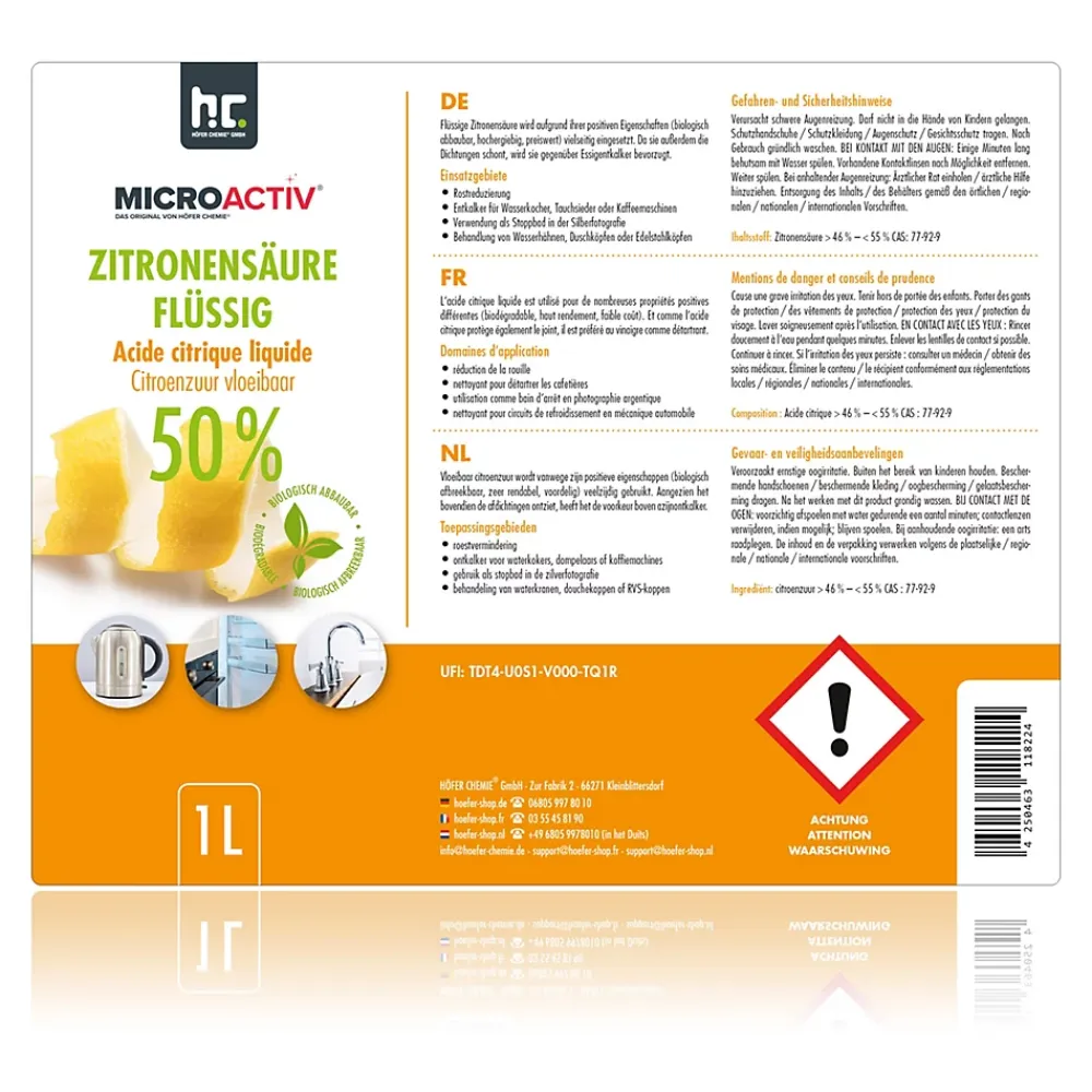 Höfer Chemie Microactiv Acide Citrique Liquide 50% Détartrant Polyvalent 1 x 12 L, Et Économique* Nettoyant Pour Cuisine