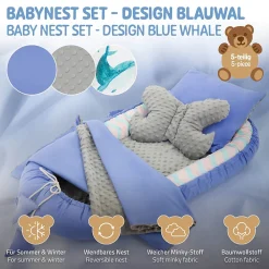 Nid d'ange bébés 90x50 cm bleu motif baleine en coton avec coussin de sommeil oreiller papillon>Joyz Best