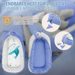Nid d'ange bébés 90x50 cm bleu motif baleine en coton avec coussin de sommeil oreiller papillon><noscript><img width=