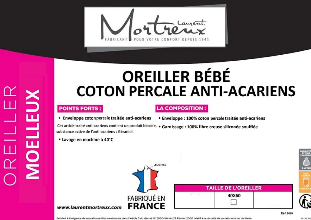 Oreiller bébé Coton Percale anti-acariens - 40 x 60 - 39936>Mortreux Clearance
