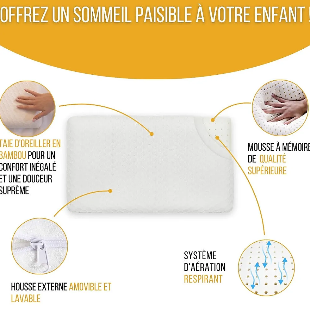 Inphysio Oreiller enfant respirant en tissu de bambou 50x30x5,5 -* Oreiller Mémoire De Forme