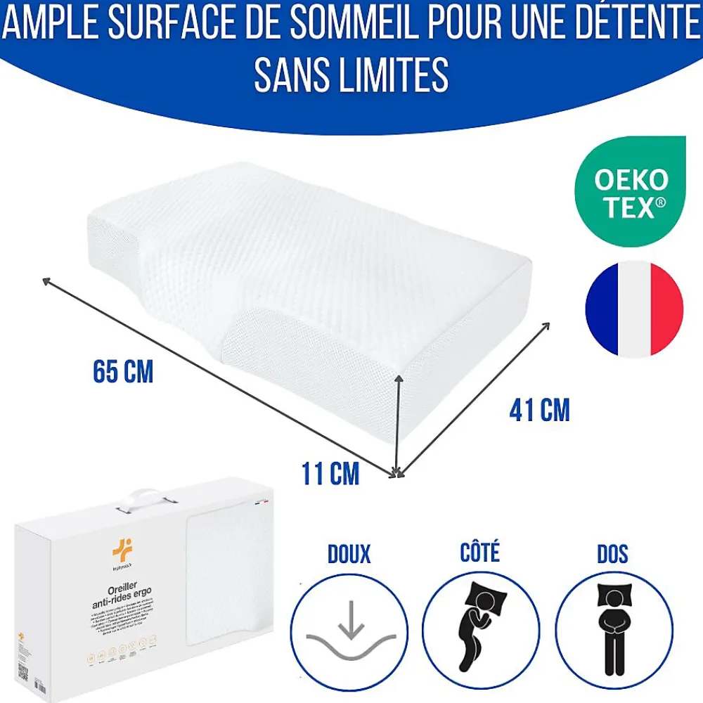 Inphysio Oreiller ergonomique anti-rides, anti-acouphène - extra grande - 65x42x10 - ERGO* Oreiller Mémoire De Forme