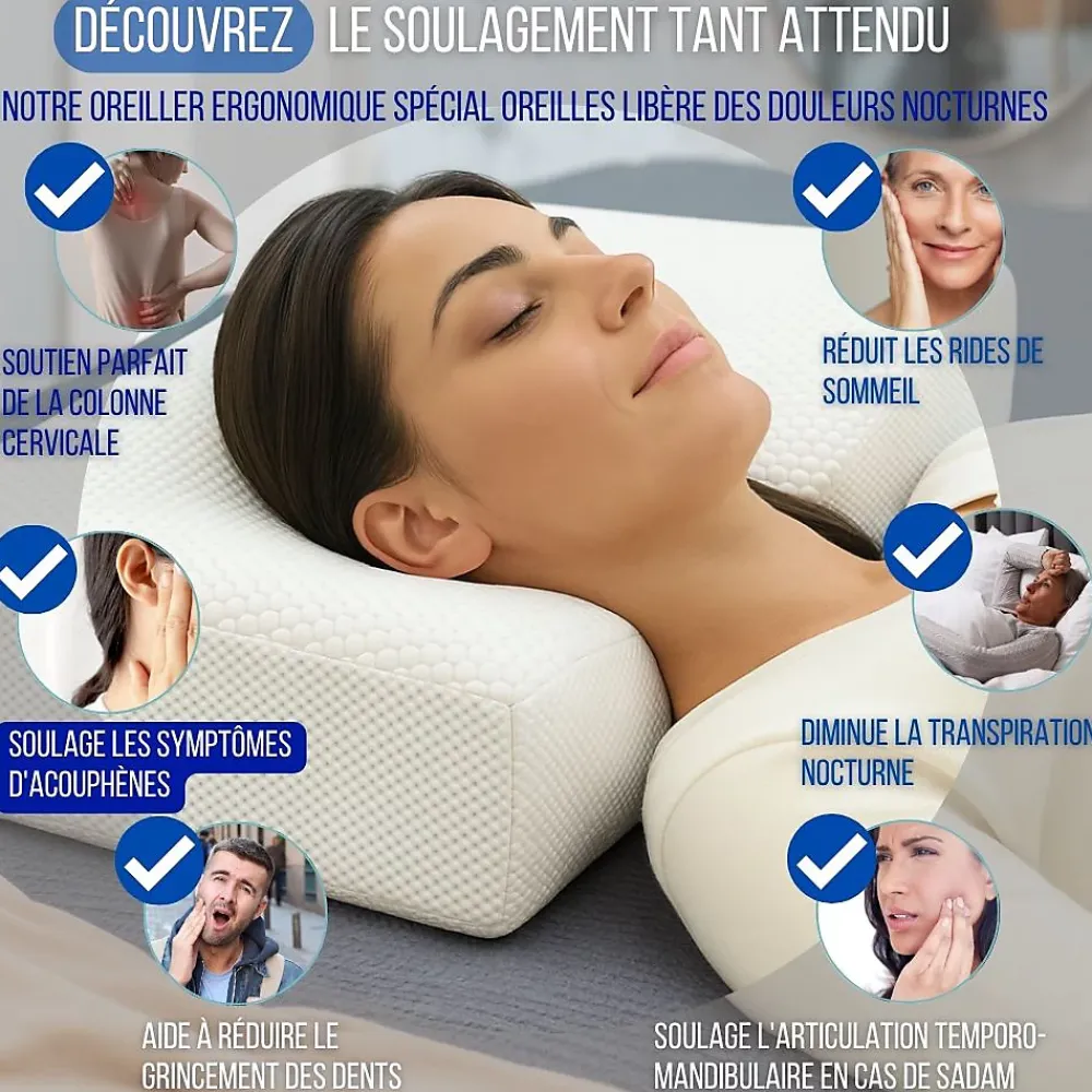 Inphysio Oreiller ergonomique anti-rides, anti-acouphène - extra grande - 65x42x10 - ERGO* Oreiller Mémoire De Forme