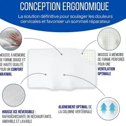 Inphysio Oreiller ergonomique anti-rides, anti-acouphène - extra grande - 65x42x10 - ERGO* Oreiller Mémoire De Forme