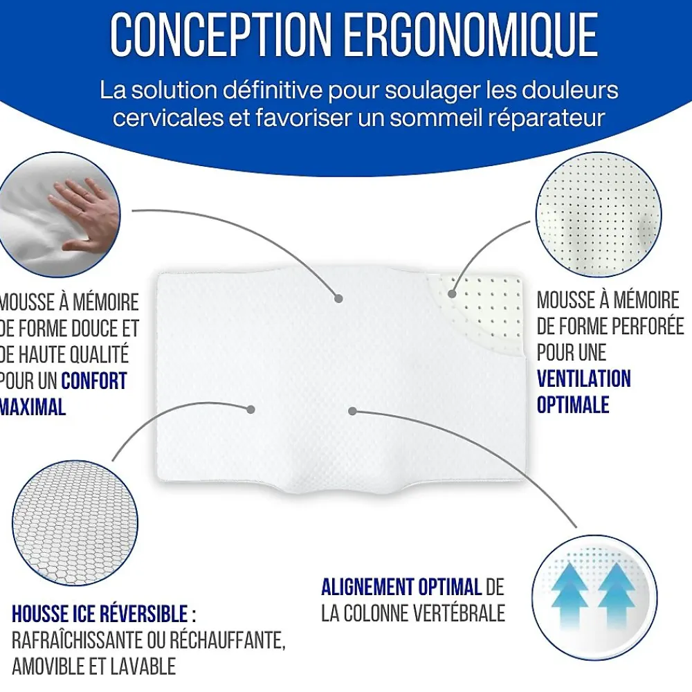 Inphysio Oreiller ergonomique anti-rides, anti-acouphène - extra grande - 65x42x10 - ERGO* Oreiller Mémoire De Forme