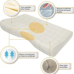Inphysio Oreiller ergonomique de luxe avec taie d'oreiller rafraîchissante 3 taies d'oreiller* Oreiller Mémoire De Forme