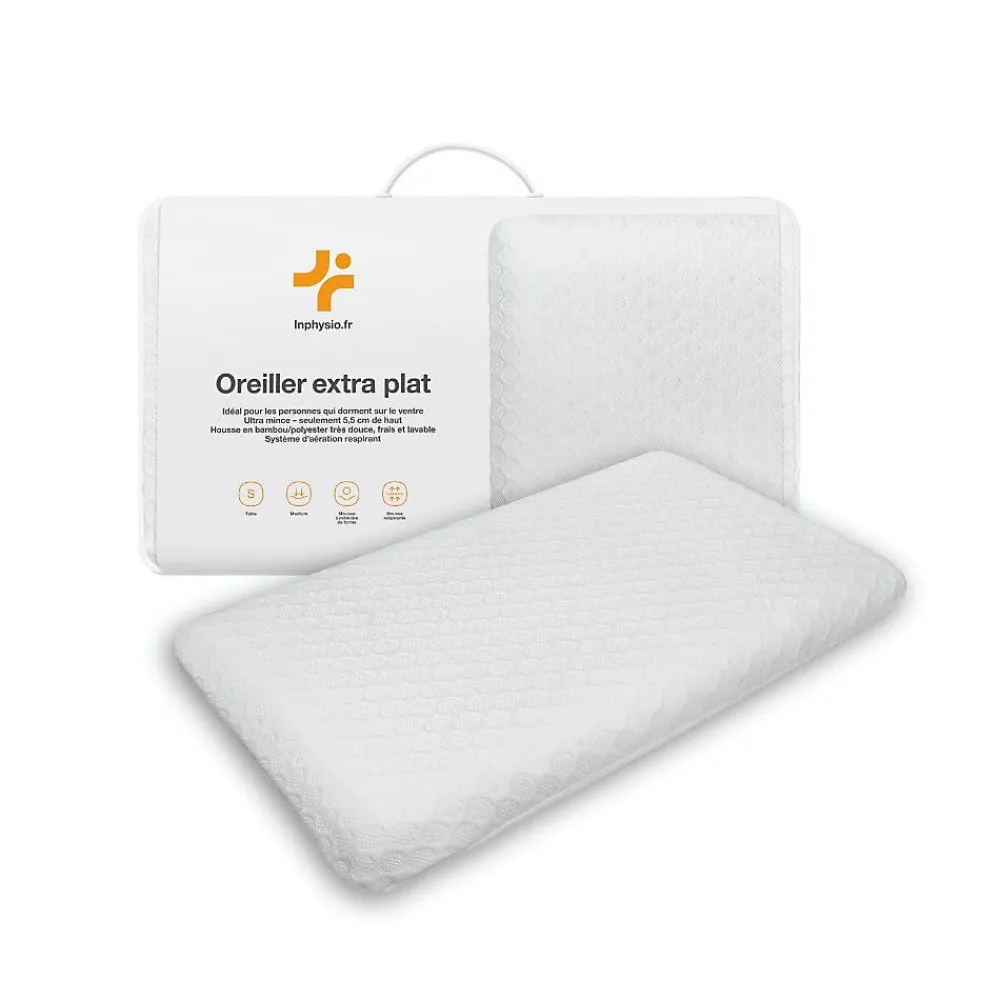 Oreiller extra plat pour personnes qui dorment sur le ventre s 50x30x5,5 taie d'oreiller en bambou>Inphysio New