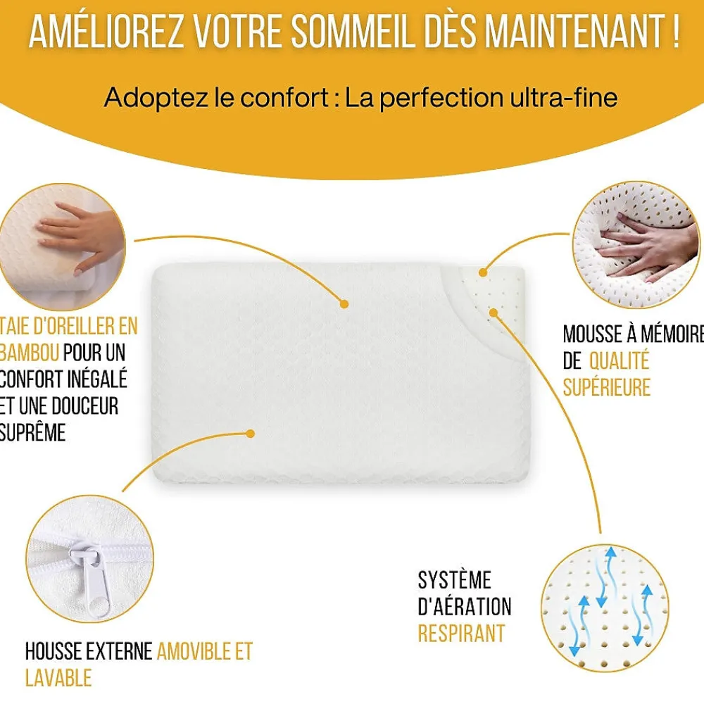 Oreiller extra plat pour personnes qui dorment sur le ventre s 50x30x5,5 taie d'oreiller en bambou>Inphysio New