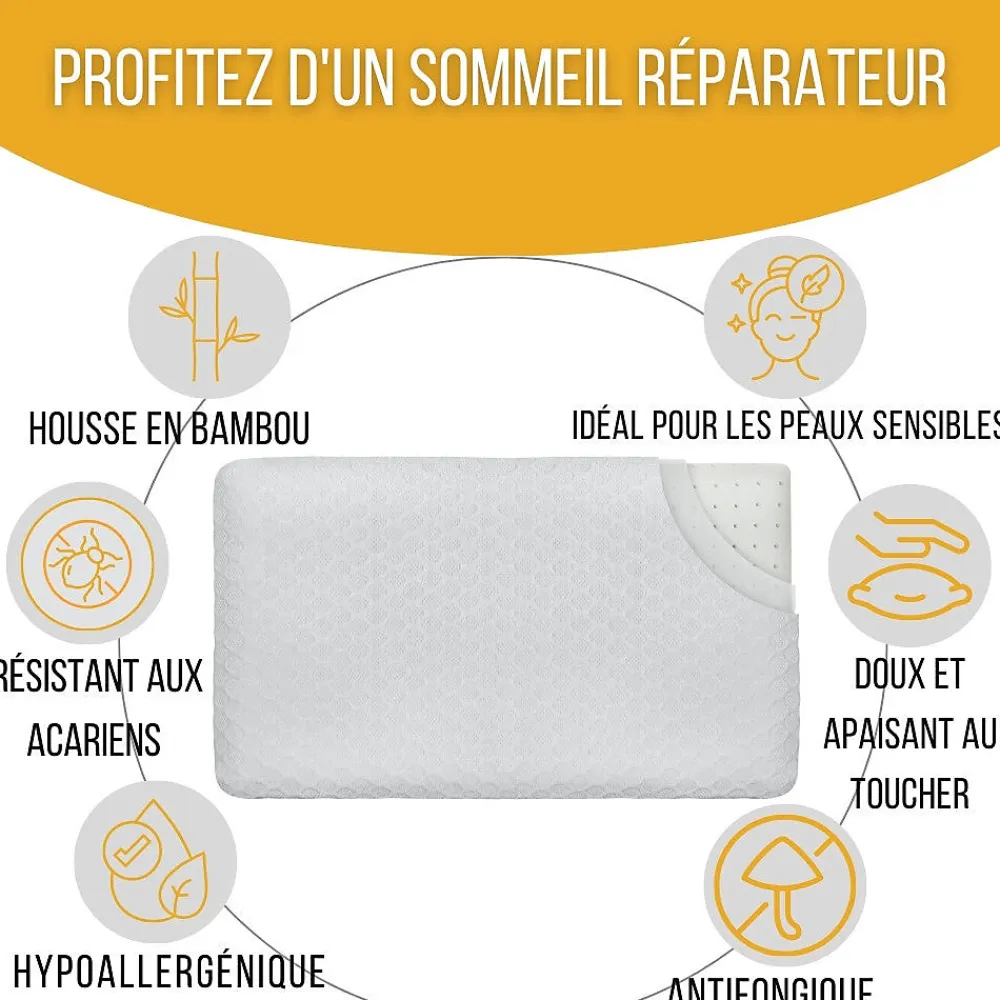 Oreiller extra plat pour personnes qui dorment sur le ventre s 50x30x5,5 taie d'oreiller en bambou>Inphysio New