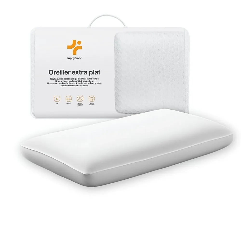 Oreiller extra plat pour personnes qui dorment sur le ventre s et taie en satin extra 50x30x5,5>Inphysio Best