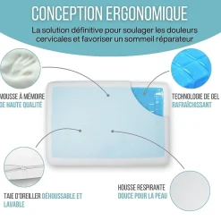 Oreiller gel rafraîchissant rectangulaire double face, ergonomique, mémoire de forme, 60x40 cm>Inphysio Sale