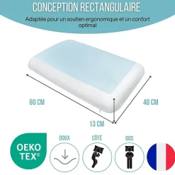 Oreiller gel rafraîchissant rectangulaire double face, ergonomique, mémoire de forme, 60x40 cm><noscript><img width=