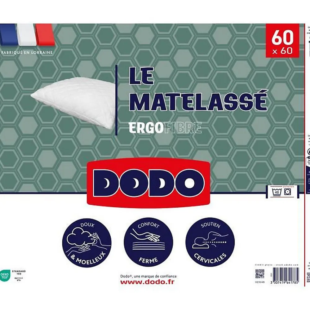 Oreiller Le Matelassé - 60x60 cm - Soutien ferme - Taie déhoussable - Fabriqué en France>Dodo Sale