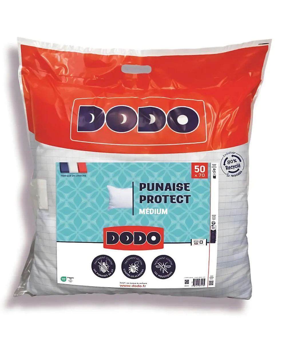 Oreiller médium 50x70 cm - Protection anti punaise, anti acarien - 550 gr - Blanc - Fabriqué en France>Dodo Hot