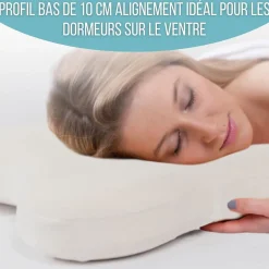Oreiller papillon plat mémoire de forme, profil bas 10 cm, multiposition, taie coton, 56x46 cm><noscript><img width=