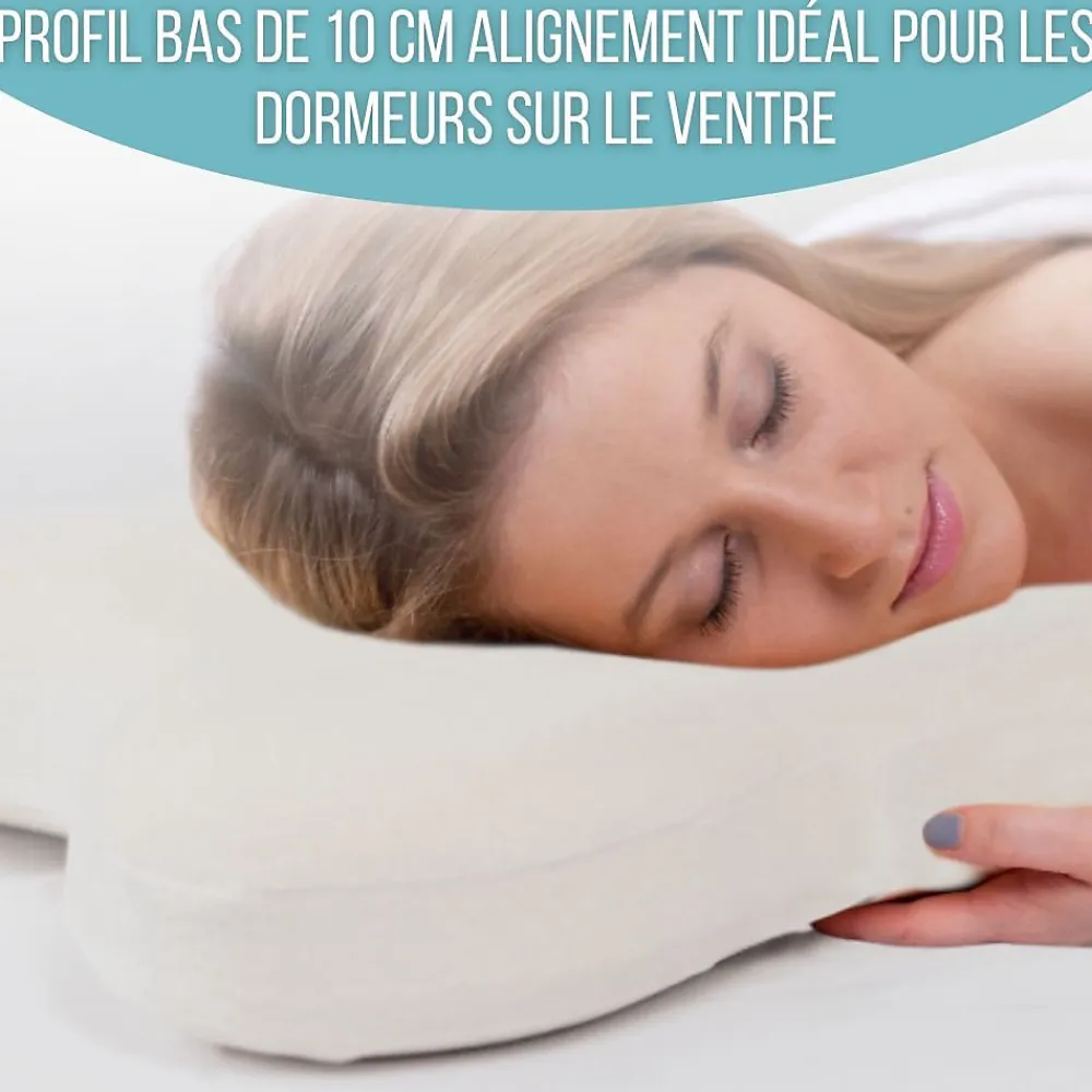 Oreiller papillon plat mémoire de forme, profil bas 10 cm, multiposition, taie coton, 56x46 cm>Inphysio Outlet