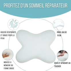 Oreiller papillon plat mémoire de forme, profil bas 10 cm, multiposition, taie coton, 56x46 cm><noscript><img width=