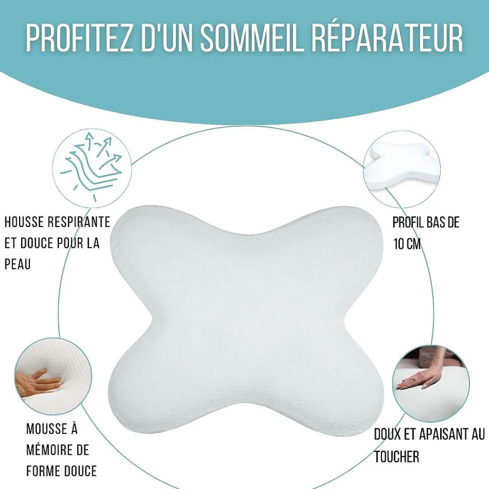 Oreiller papillon plat mémoire de forme, profil bas 10 cm, multiposition, taie coton, 56x46 cm>Inphysio Outlet