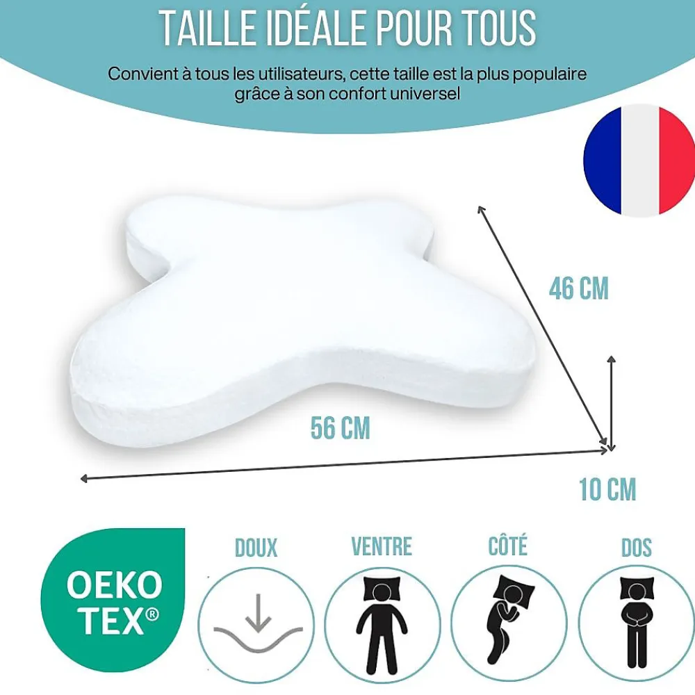 Oreiller papillon plat mémoire de forme, profil bas 10 cm, multiposition, taie coton, 56x46 cm>Inphysio Outlet