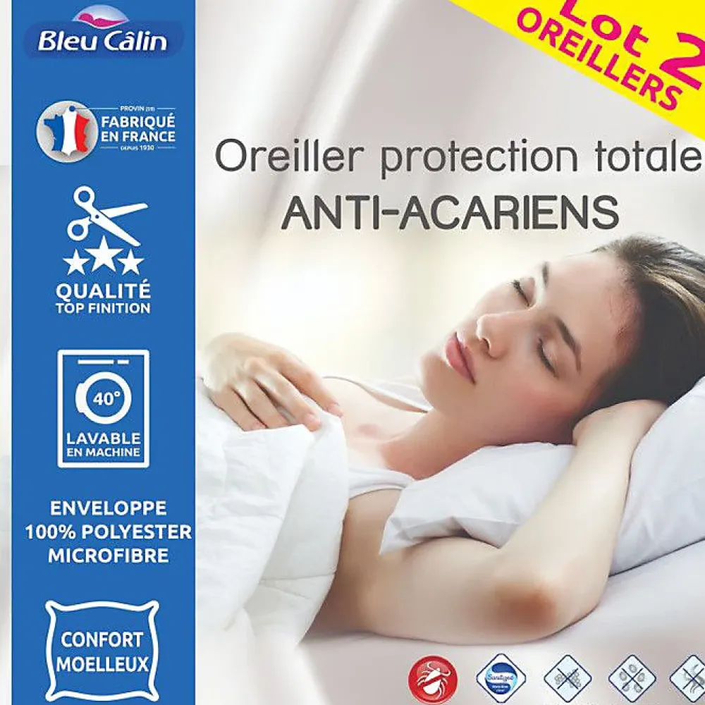 Bleu Calin Oreillers 60 x 60 cm Lot de 2 Anti acariens traité ESSENTIAL* Oreiller Moelleux
