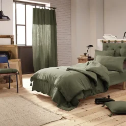 Altobuy OUREA - Couvre-pied 150x150cm Capitonné Gaze de Coton Romarin Olive* Boutis, Couvre-Lit, Édredon