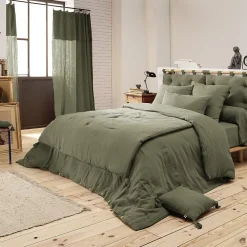 Altobuy OUREA - Couvre-pied 150x150cm Capitonné Gaze de Coton Romarin Olive* Boutis, Couvre-Lit, Édredon