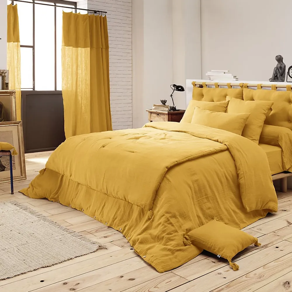 Altobuy OUREA - Couvre-pied 150x150cm Capitonné Gaze de Coton Safran* Boutis, Couvre-Lit, Édredon