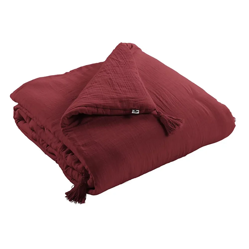 Altobuy OUREA - Couvre-pied 150x150cm Capitonné Gaze de Coton Lie de Vin* Boutis, Couvre-Lit, Édredon