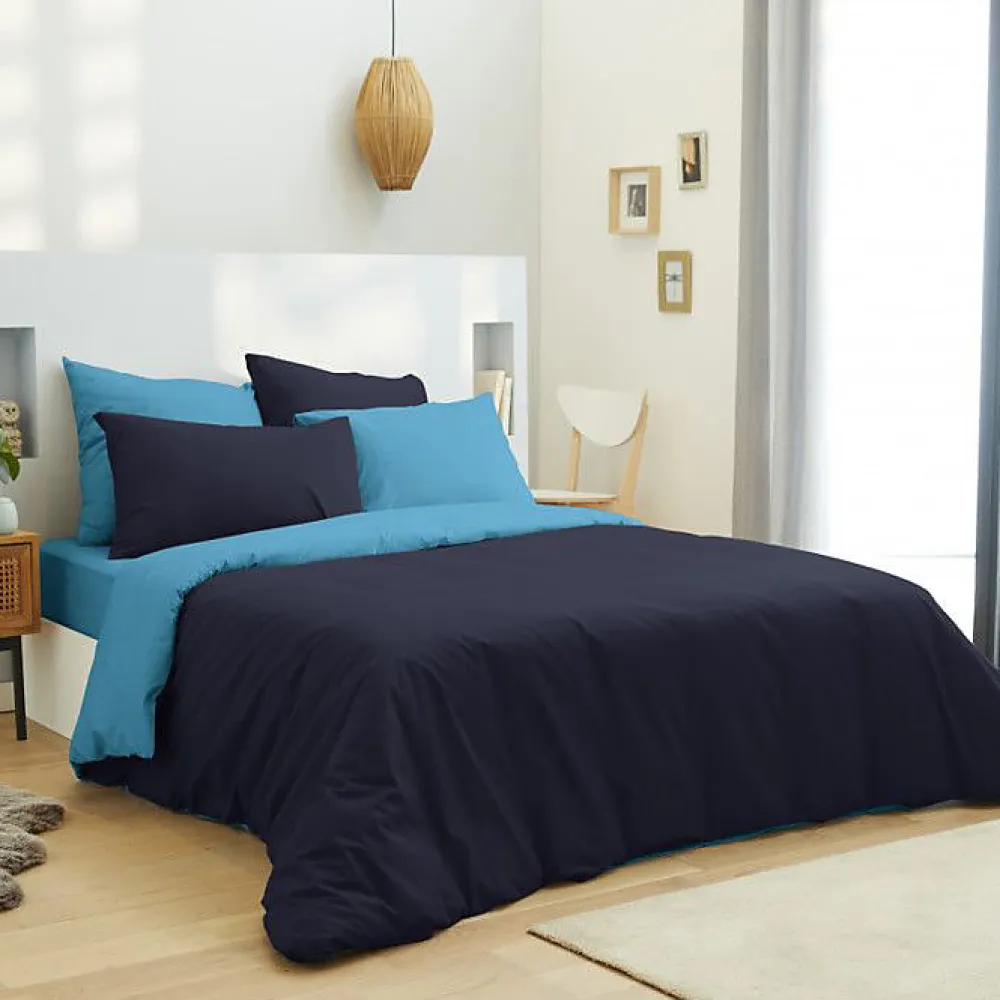 Pack complet 6 pièces Marine/Turquoise réversible housse de couette pour lit 180 x 200 cm "King size">Univers Décor