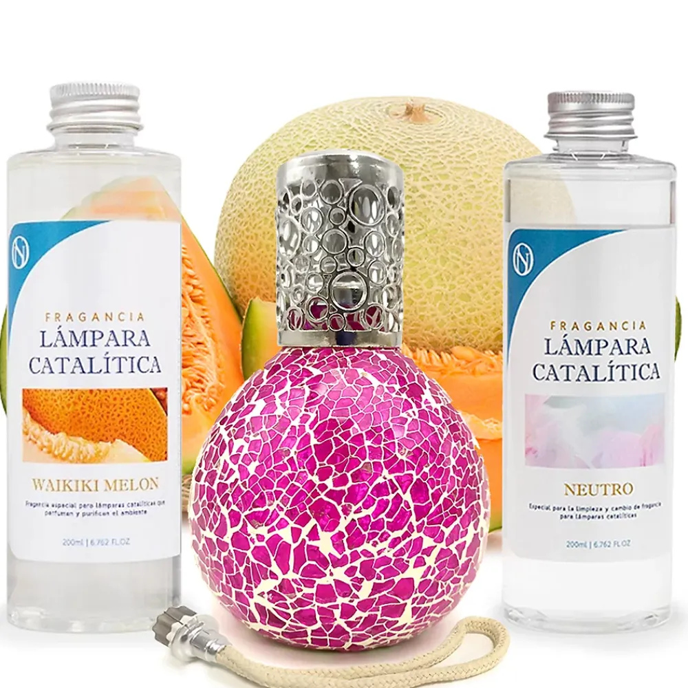 Mamamanuela Pack économique Lampe Catalytique Mosaïque Fuchsia + Parfum Waikiki Melon (500 ml) + Nettoyant Neutre (200 ml) + Mèche de Rechange* Désodorisant Et Parfum D'Ambiance