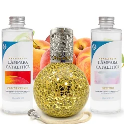 Mamamanuela Pack économique Lampe Catalytique Mosaïque Doré + Parfum Peach Velvet (500 ml) + Nettoyant Neutre (200 ml) + Mèche de Rechange* Désodorisant Et Parfum D'Ambiance