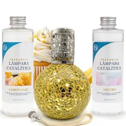 Mamamanuela Pack économique Lampe Catalytique Mosaïque Doré + Parfum Lemon Cake (200 ml) + Nettoyant Neutre (200 ml) + Mèche Rechange* Désodorisant Et Parfum D'Ambiance