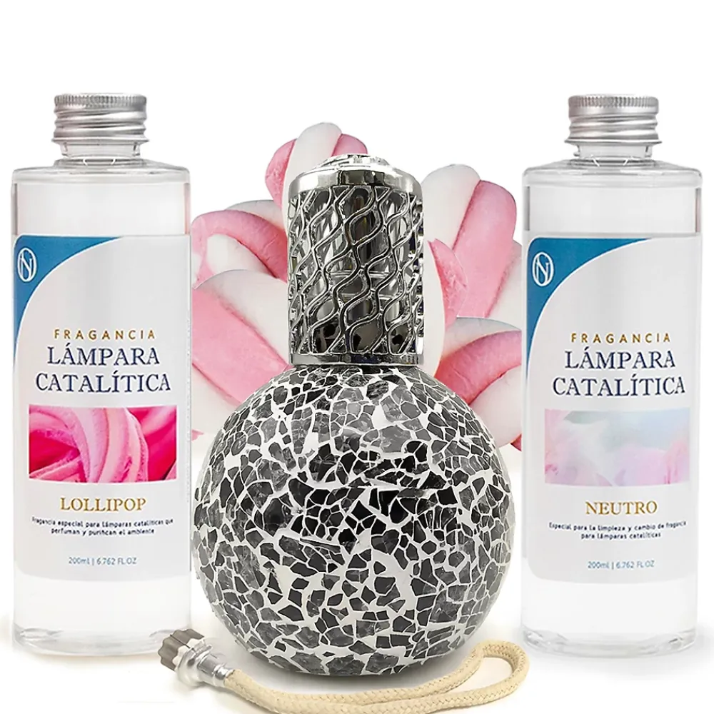 Mamamanuela Pack économique Lampe Catalytique Mosaïque Noir + Parfum Lollipop (500 ml) + Nettoyant Neutre (200 ml) + Mèche de Rechange* Désodorisant Et Parfum D'Ambiance