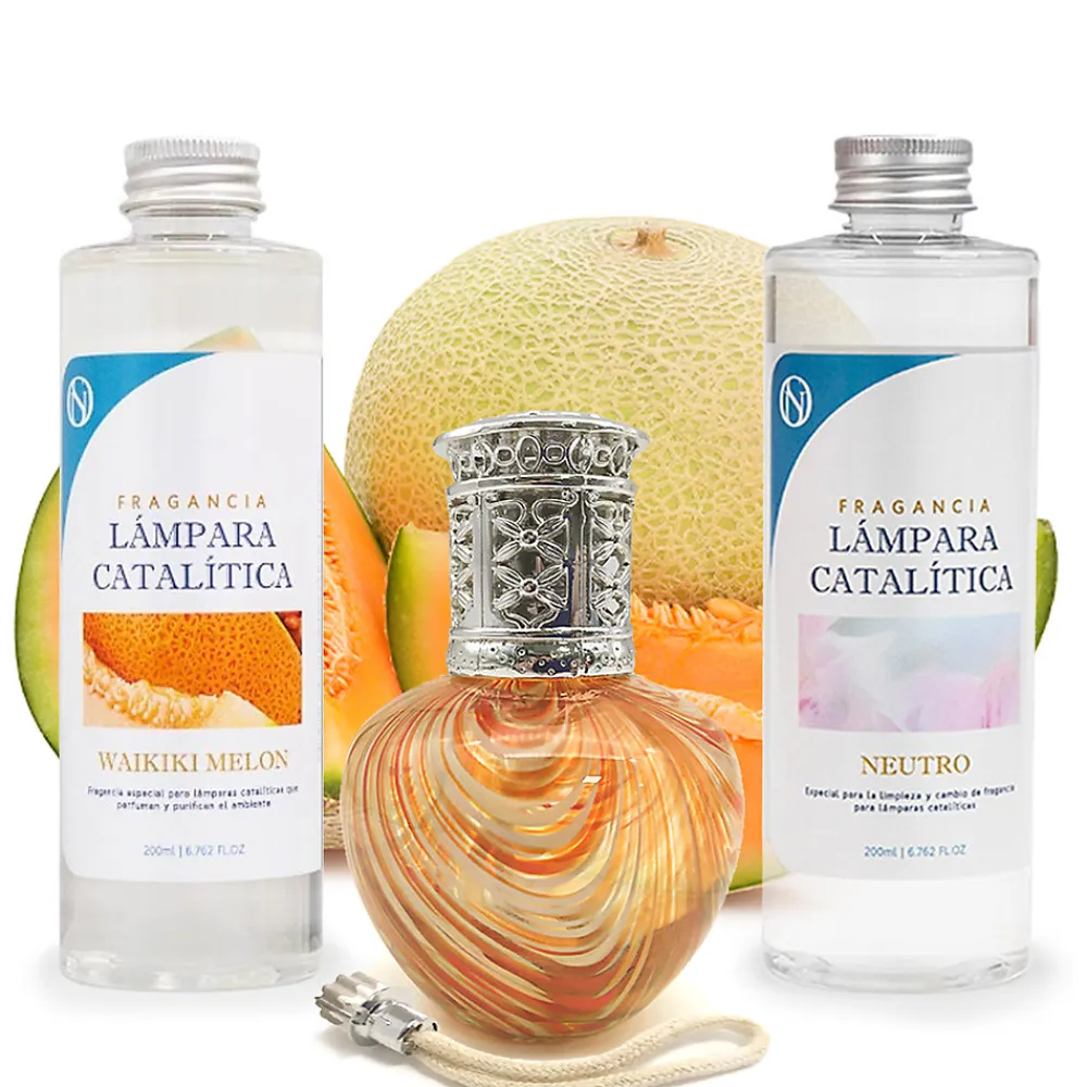 Pack économique Lampe Catalytique Orange Waves + Parfum Waikiki Melon (200 ml) + Nettoyant Neutre (200 ml) + Mèche de Rechange>Mamamanuela