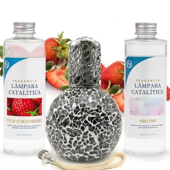 Pack économique Lampe Catalytique Mosaïque Noir + Parfum Wild Strawberry (200 ml) + Nettoyant Neutre (200 ml) + Mèche de Rechange>Mamamanuela Sale