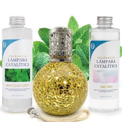 Pack économique Lampe Catalytique Mosaïque Doré + Parfum Mountain Mint (200 ml) + Nettoyant Neutre (200 ml) + Mèche de Rechange>Mamamanuela