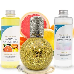 Pack économique Lampe Catalytique Mosaïque Doré + Parfum Winter Citrus (500 ml) + Nettoyant Neutre (200 ml) + Mèche de Rechange>Mamamanuela Best