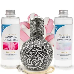 Mamamanuela Pack économique Lampe Catalytique Mosaïque Noir + Parfum Lollipop (200 ml) + Nettoyant Neutre (200 ml) + Mèche de Rechange* Désodorisant Et Parfum D'Ambiance