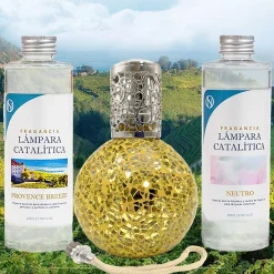 Pack économique Lampe Catalytique Mosaïque Doré + Parfum Provence Breeze (200 ml) + Nettoyant Neutre (200 ml) + Mèche de Rechange>Mamamanuela