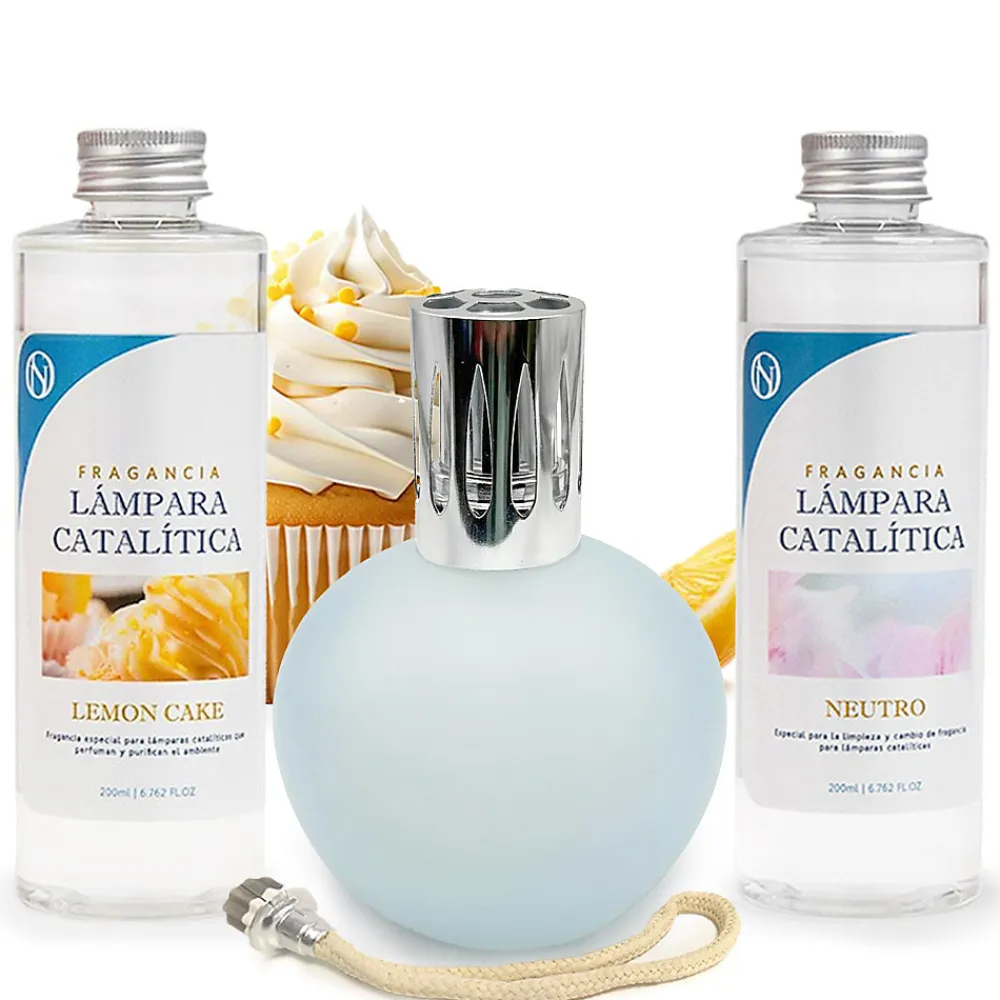 Pack économique Lampe Catalytique Bleu-Gris Mat + Parfum Lemon Cake (200 ml) + Nettoyant Neutre (200 ml) + Mèche de Rechange>Mamamanuela Outlet