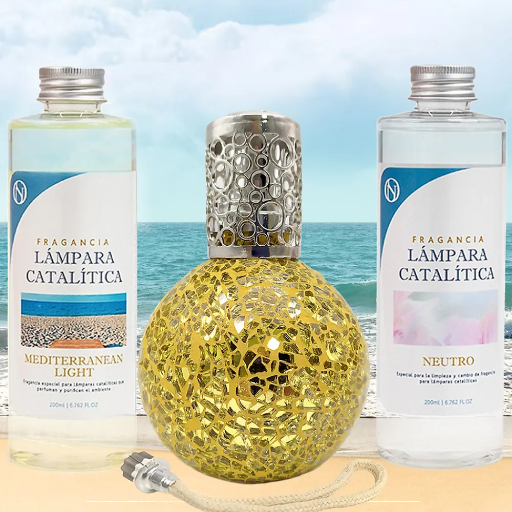 Pack économique Lampe Catalytique Mosaïque Doré + Parfum Mediterranean Light (500 ml) + Nettoyant Neutre (200 ml) + Mèche Rechange>Mamamanuela Hot