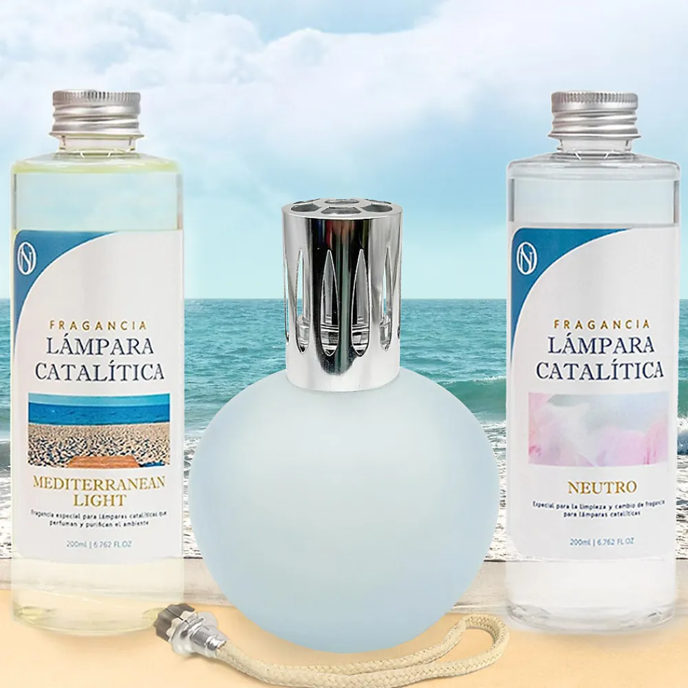 Mamamanuela Pack économique Lampe Catalytique Bleu Gris Mat + Parfum Mediterranean Light (500ml) + Nettoyant Neutre (200ml) + Mèche Rechange* Désodorisant Et Parfum D'Ambiance