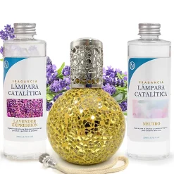 Mamamanuela Pack économique Lampe Catalytique Mosaïque Doré + Parfum Lavender Expression (500 ml) + Nettoyant Neutre (200 ml) + Mèche Rechange* Désodorisant Et Parfum D'Ambiance